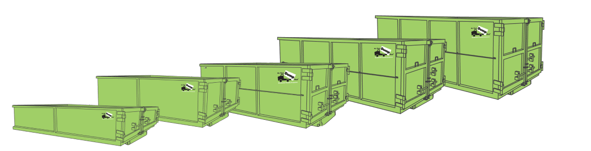 Green waste containers of various sizes, symbols of a dumpster rental franchise.