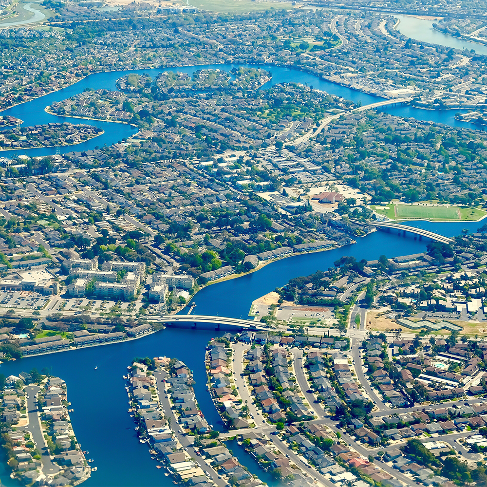 An aerial view showcases a vibrant urban area