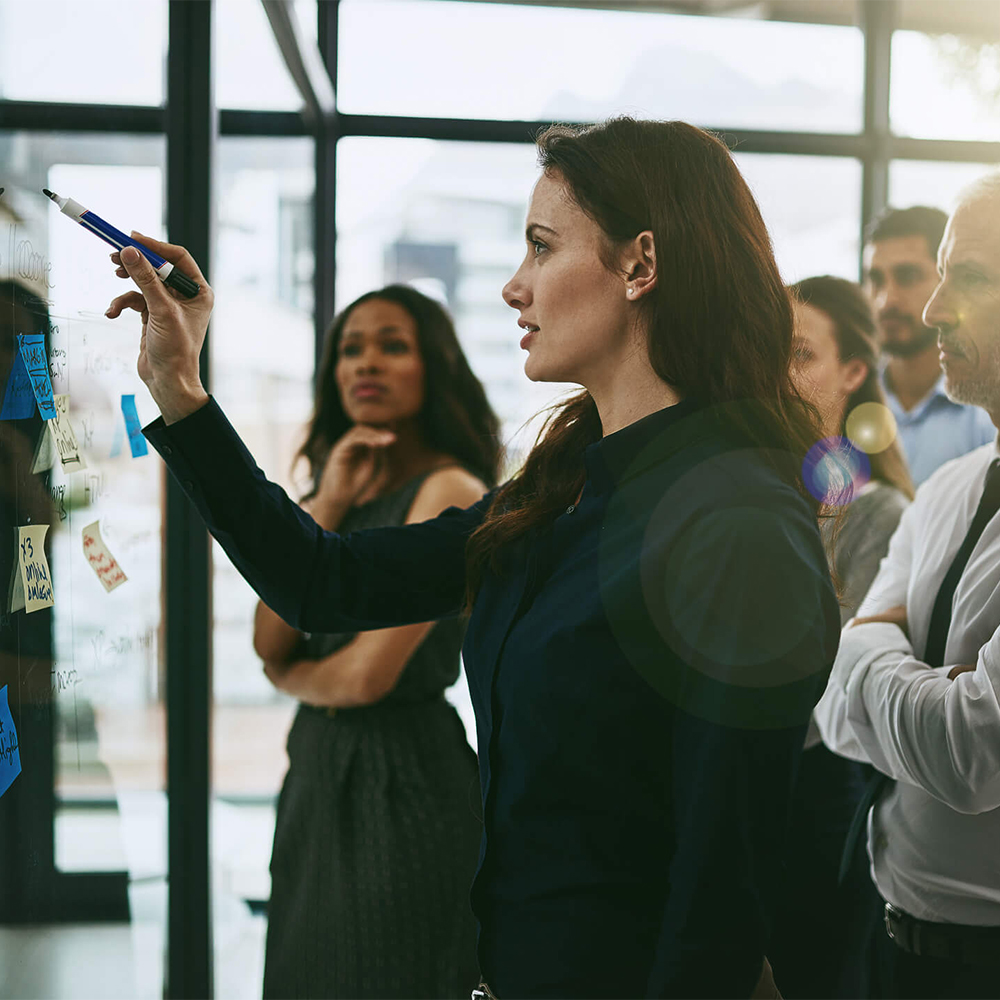 a woman presents a white board to coworkers